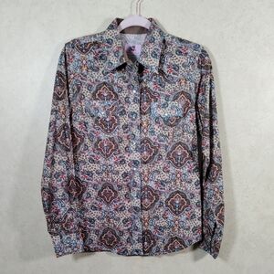 04092 Wired Heart brown & blue paisley Western snap shirt M NWT